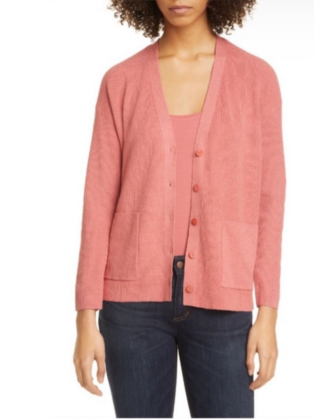 Eileen Fisher Linen Button Front Boyfriend Knit Cardigan XL Coral Minimalist